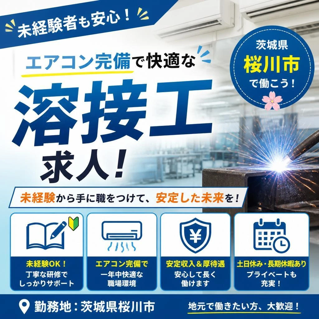 未経験者も安心！エアコン完備で快適な桜川市の溶接工求人！