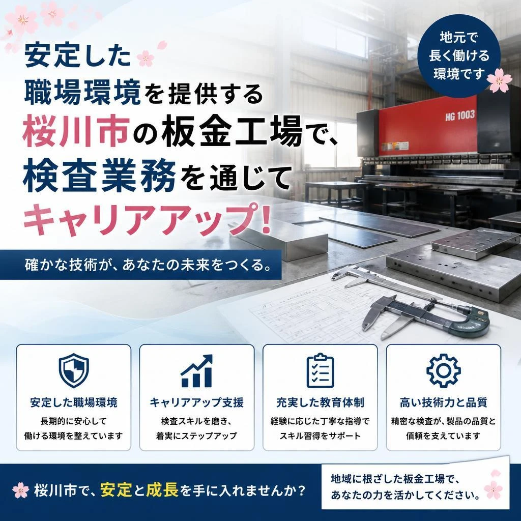 安定した職場環境を提供する桜川市の板金工場で、検査業務を通じてキャリアアップ！
