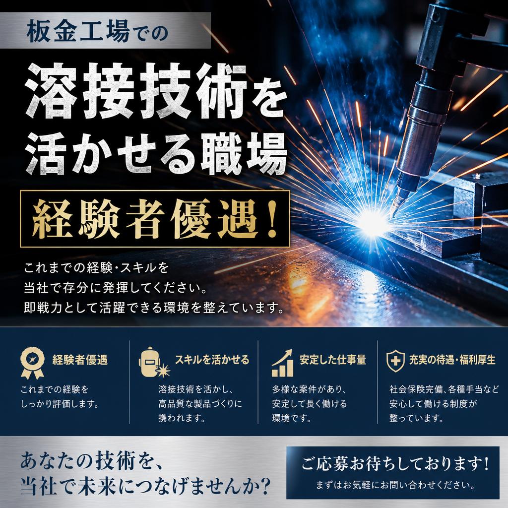 板金工場での溶接技術を活かせる職場、経験者優遇求人！